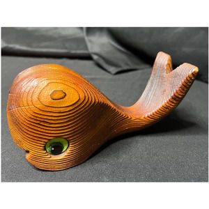 RARE! Mid Century Hand Carved Whale With Green Eyes